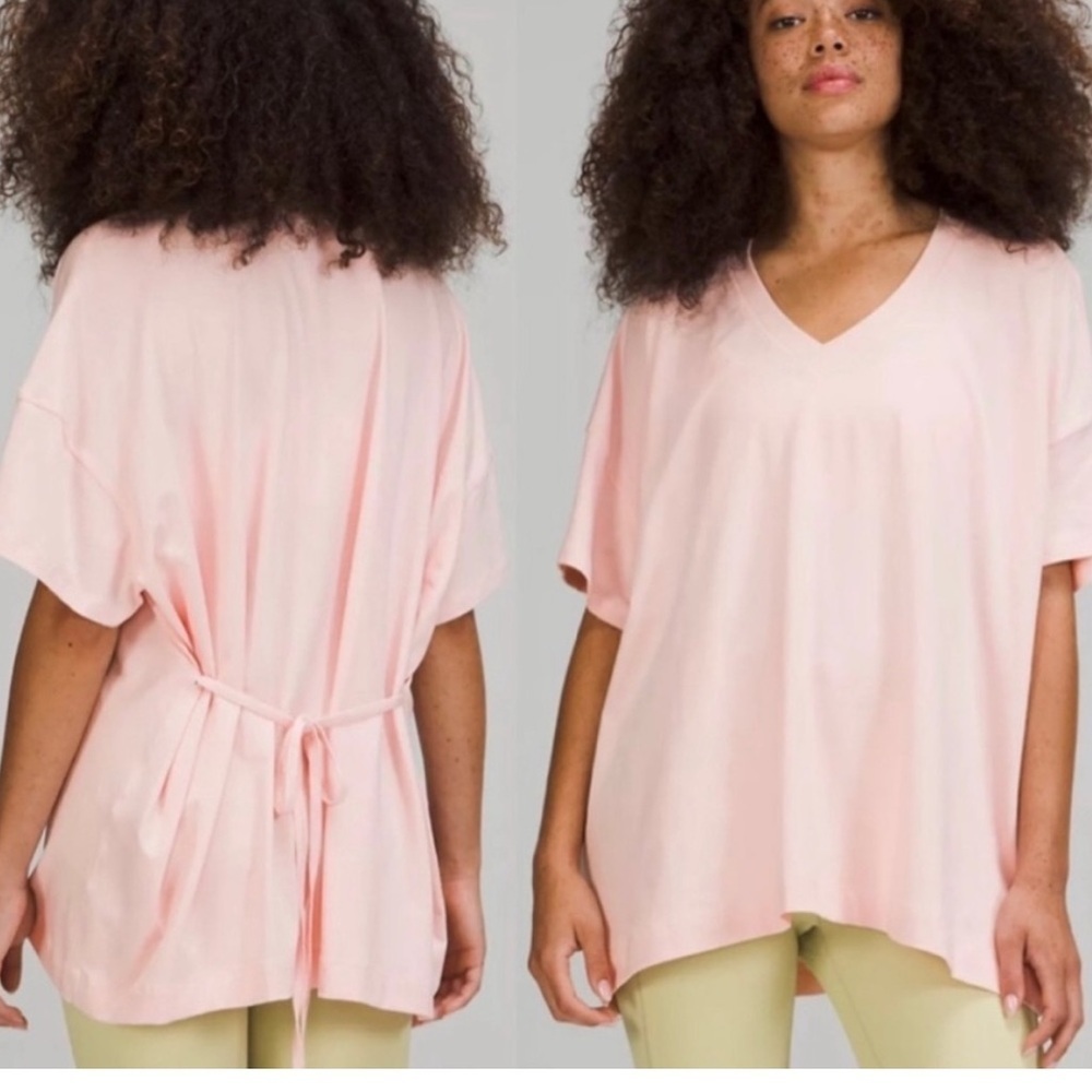 Lululemon Side Tie Waist V Neck T Shirt Pink Mist 10